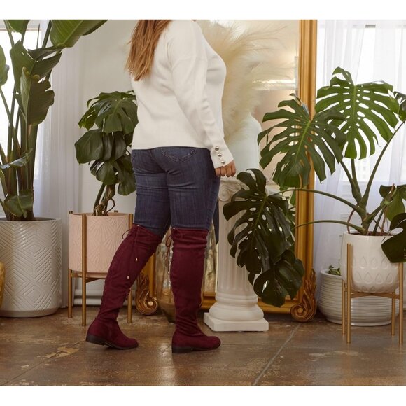 Women's Burgundy Rounded Toe Stretchy Over The Knee Low Heel Wide Calf Boots - Picture 3 of 6